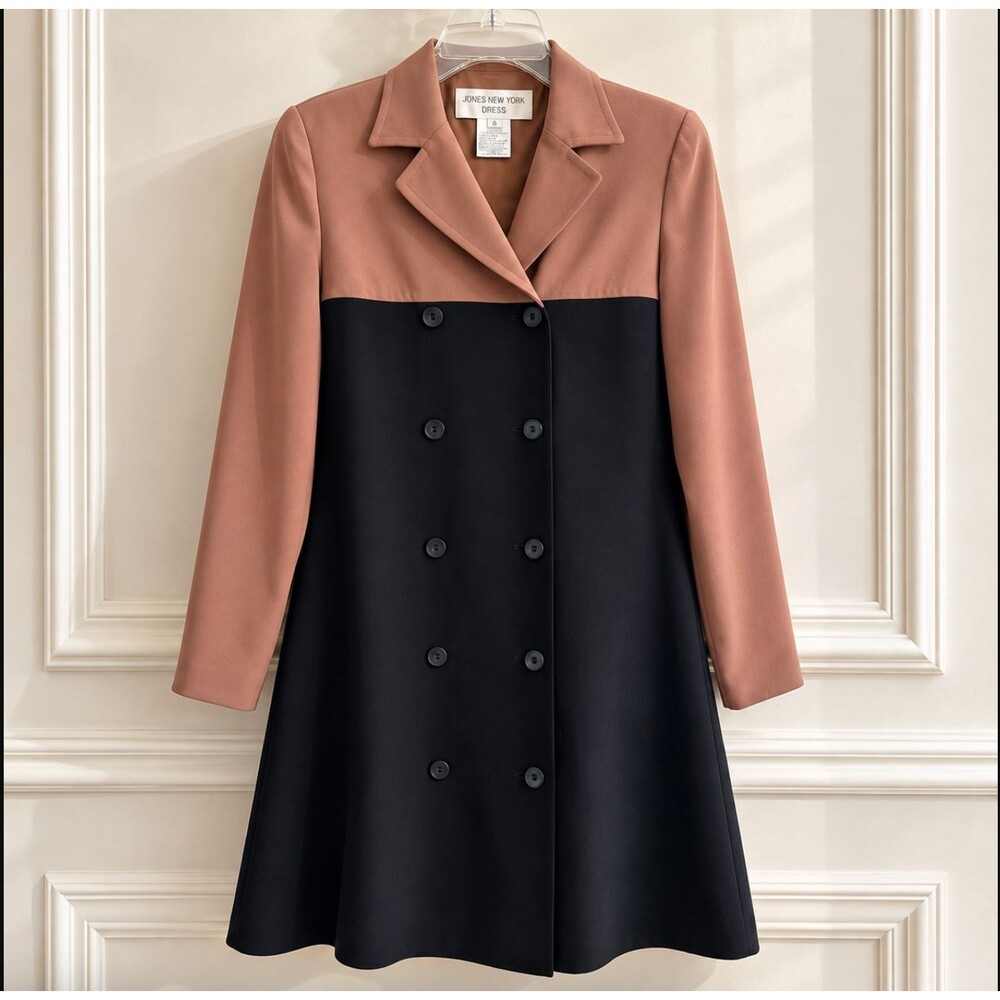Jones New York Coat Dress 6 Black Brown Colorblock Double Breasted Button Up VTG
